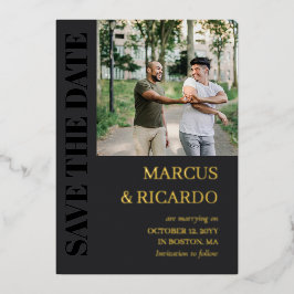 Holzkohle und Goldtypografie-Foto Save the Date Folieneinladung