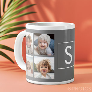 Holzkohle Weiß 8 Foto-Collage Eigenes Monogramm Jumbo-Tasse