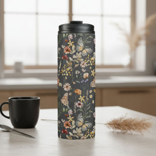 Holzkohlegrau Aquarell-Wildblumen Thermosbecher
