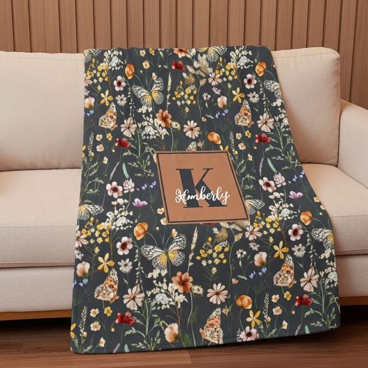 Holzkohlegrau Boho Blumen Monogramm Fleecedecke