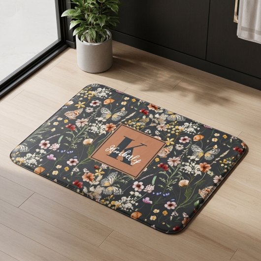 Holzkohlegrau Boho Floral Monogramm Badematte