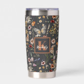 Holzkohlegrau Boho Floral Monogramm Thermobecher (Vorderseite)