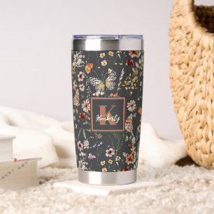 Holzkohlegrau Boho Floral Monogramm Thermobecher