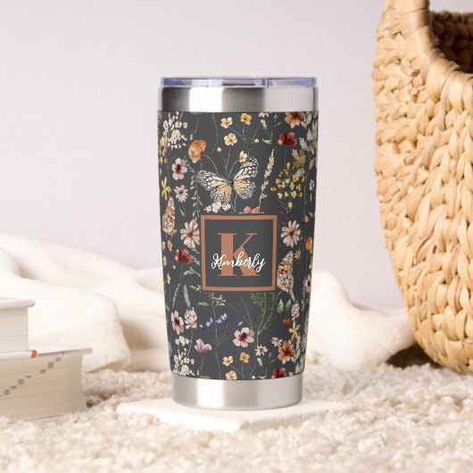 Holzkohlegrau Boho Floral Monogramm Thermobecher (Wohnzimmer (gedreht))