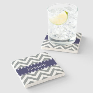 Holzkohlegrau Lg Chevron Marineblau Namensmonogram Steinuntersetzer