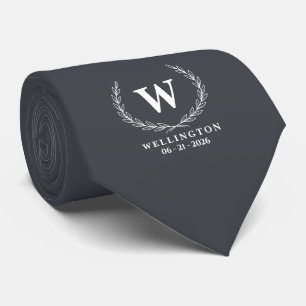 Holzkohlegrau Weiße Lorbeer-Monogramm-Hochzeitsnam Krawatte