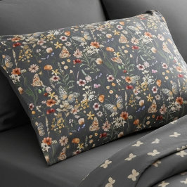 Holzkohlegraue Boho-Wildblumen Kissenbezug