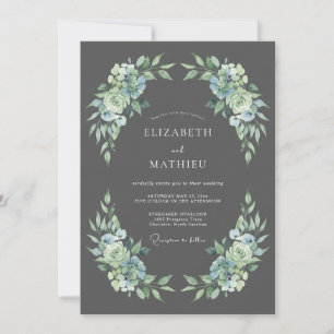 Holzkohlegraue elegante botanische Hochzeit Einladung