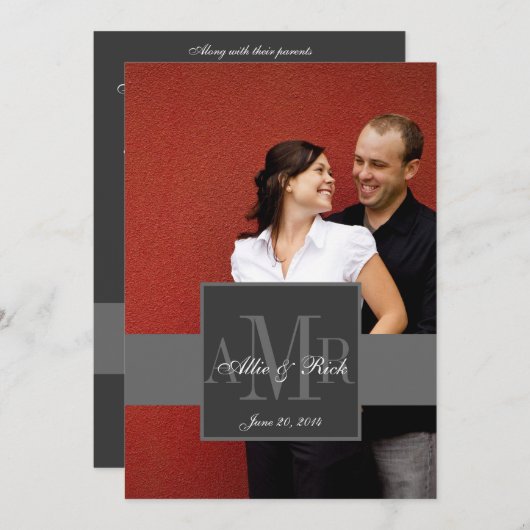 Holzkohlen-Monogramm-Foto-Hochzeits-Einladung 2 Einladung (Vorne/Hinten)