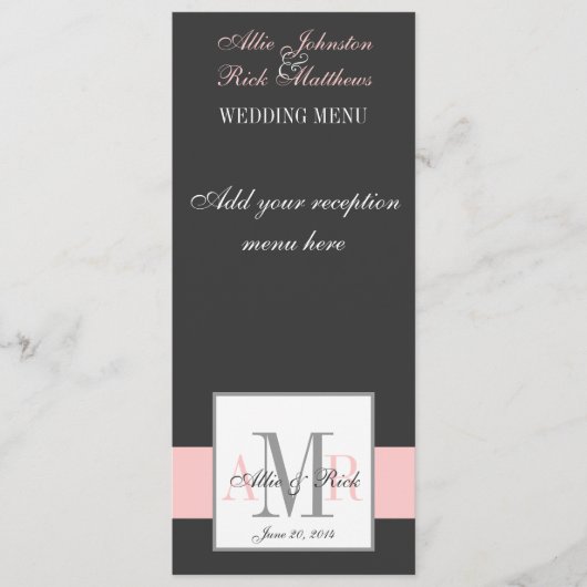 Holzkohlen-rosa Monogramm-Hochzeits-Menü Menükarte (Vorderseite)