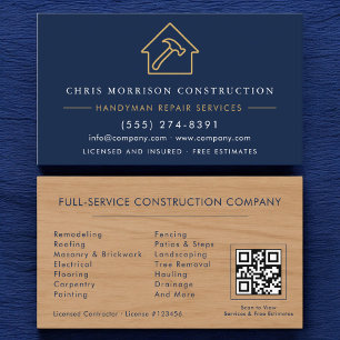 Holzkonstruktion Handwerker Navy Blau Gold QR-Code Visitenkarte