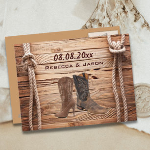 Holzkowboy-Stiefel Western-Country Save-the-Date Ankündigungspostkarte