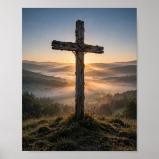 Holzkreuz bei Morgendämmerung Poster