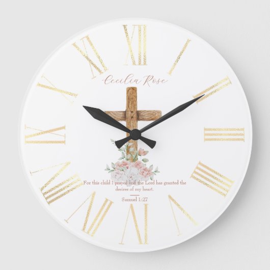 Holzkreuz Blume Bibelverse Große Wanduhr (Vorderseite)