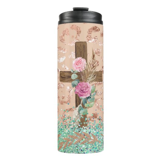 Holzkreuz mit Blumenmuster auf Leopard Thermosbecher (Vorderseite)