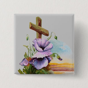 Holzkreuz mit violetten Blumen Button