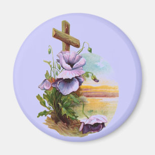 Holzkreuz mit violetten Blumen Magnet
