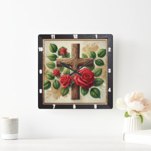 Holzkreuz-Rote Rosen Quadratische Wanduhr