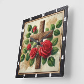 Holzkreuz-Rote Rosen Quadratische Wanduhr (Winkel)