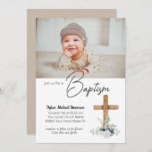 Holzkreuz und Foto Kindertaufe Einladung (Vorne/Hinten)