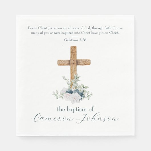 Holzkreuz Weiß & Blauer Taufe Bibelverse Serviette (Vorderseite)