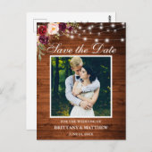 Holzleuchten Burgund Foto Save the Date Postkarte (Vorne/Hinten)