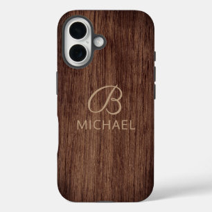 Holzmaserung-Holz-Personalisierter Name Monogramm iPhone 16 Hülle