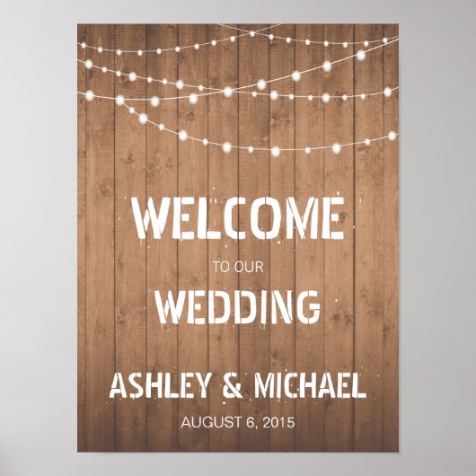 Holzmaserung Lichterkette Willkommens-Hochzeitssch Poster (Vorne)