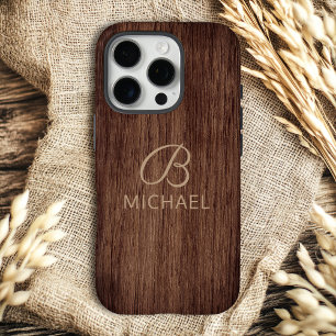 Holzmaserung mit Monogramm und personalisiertem Na iPhone 16 Pro Hülle