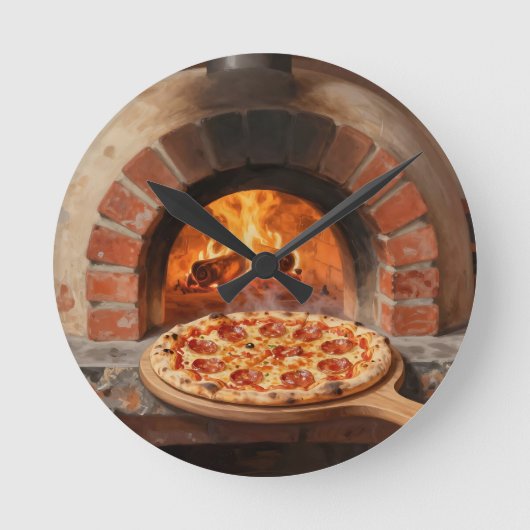 Holzofen-Peperoni-Pizza Rustikal Italienisch  Runde Wanduhr (Vorderseite)