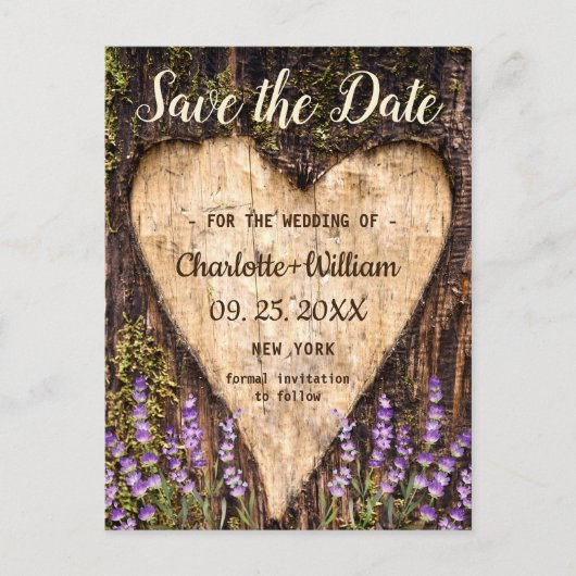 Holzofenholz-Herz-Lavendel-Hochzeit speichern Datu Postkarte (Vorderseite)