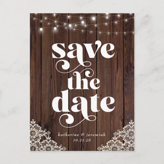 Holzofenleuchten Hochzeitslicht speichern Sie das  Ankündigungspostkarte (Vorderseite)