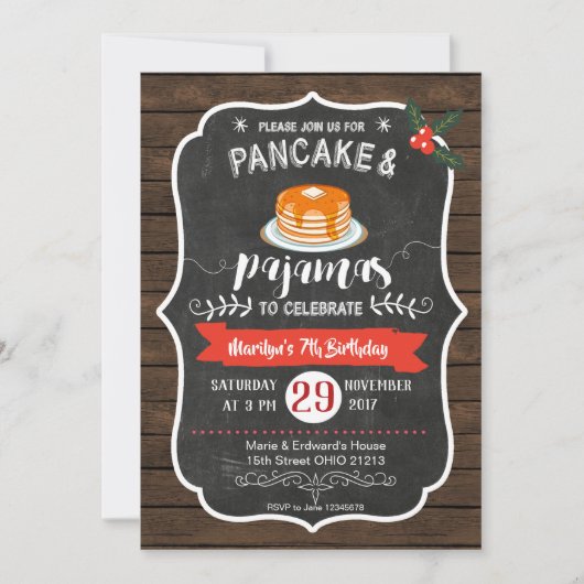 Holzpfannkuchen und Pajamas zum Geburtstag Einladung (Vorderseite)