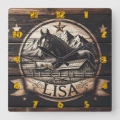 Holzpferde mit Berglandschaft Quadratische Wanduhr (Vorderseite)