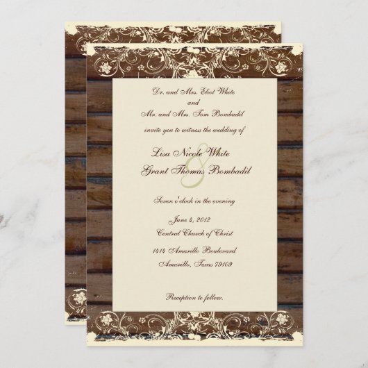 Holzplanks Cream Shabby Lace Hochzeit Einladung (Vorne/Hinten)