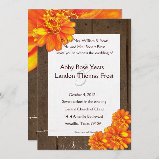 Holzplanks Orange Zinnia Hochzeitseinladung Einladung (Vorne/Hinten)