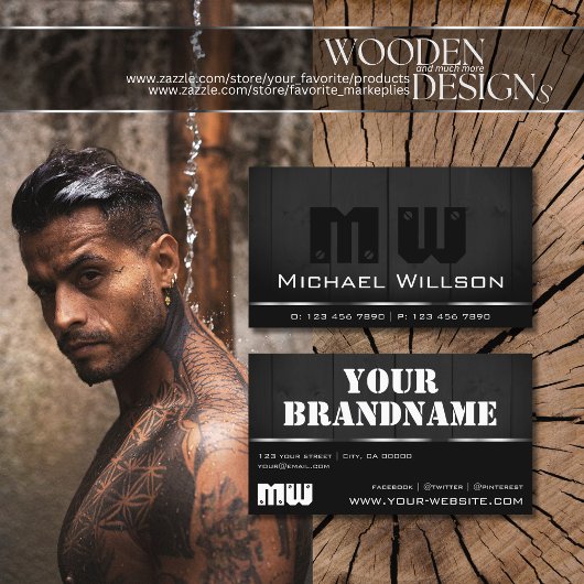 Holzplatten Schwarz-Holz-Körner Look Weiße Monogra Visitenkarte