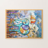 HOLZPUZZEL - Blauer Elefant fällt in die Stadt Puzzle (Horizontal)