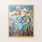 HOLZPUZZEL - Blauer Elefant fällt in die Stadt Puzzle (Vertikal)