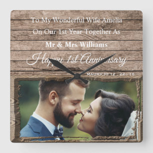 Holzrahmen-Foto-Uhr zum 1. Hochzeitstag Quadratische Wanduhr