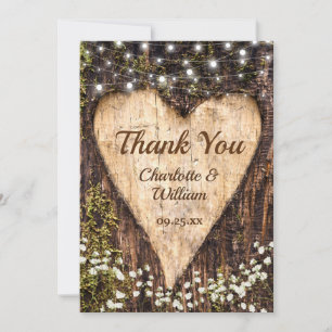 Holzrinden-Babys-Breath-Herz-Rustikale-Hochzeit Dankeskarte