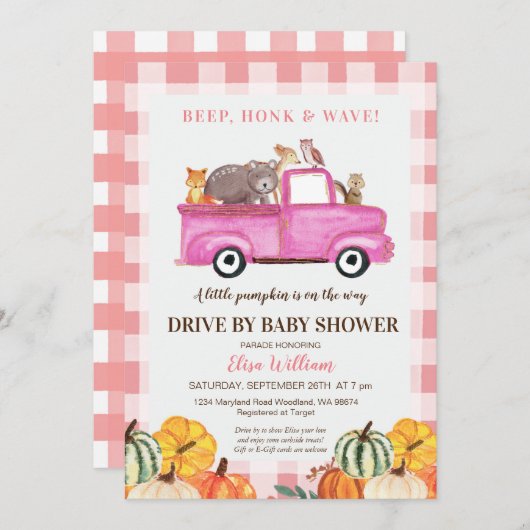 Holzrosa LKW-Antrieb durch Babydusche Einladung (Vorne/Hinten)