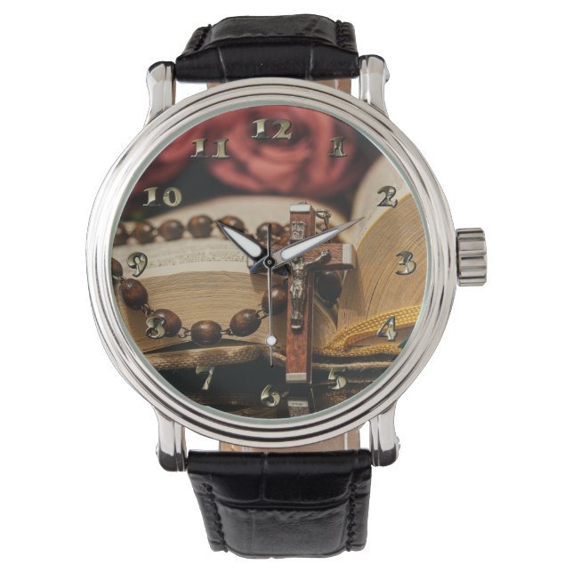 Holzrosary mit Jesus am Kreuz Armbanduhr (Vorderseite)