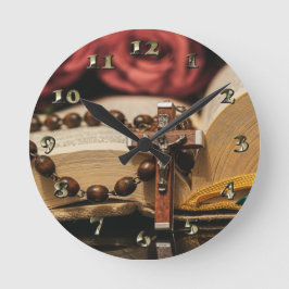 Holzrosary mit Jesus am Kreuz Runde Wanduhr