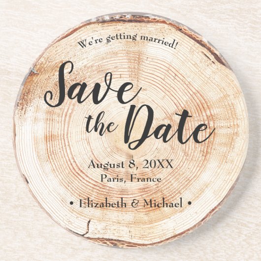 Holzscheibe Save the Date rustikale Hochzeit Getränkeuntersetzer (Vorne)