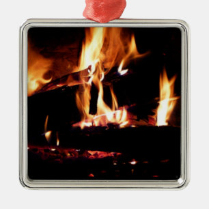 Holzscheite im Kamin Warme Feuer Fotografie Silbernes Ornament