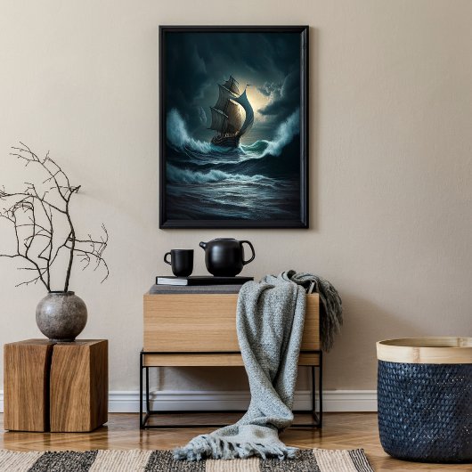 Holzschiff auf rauen Meeren Poster