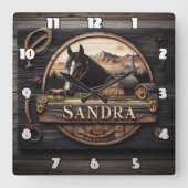 Holzschild mit Pferd und Stall bei Sonnenuntergang Quadratische Wanduhr (Vorderseite)