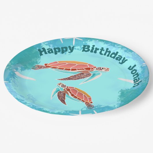 Holzschildkröten unter den Tellern des Party Pappteller (Schrägansicht)