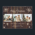 Holzschneeflake 3 FotoCollage Feiertagspostkarte<br><div class="desc">Rustikales Foto Frohe Weihnachten und Happy New Year Postkarte mit einer Foto-Collage mit Sternen,  Schneeflocken und einem schönen handgeschriebenen Urlaub Gruß in einem festlichen Skript-Schriftart. Diese rustikale Holzurlaub-Postkarte wird einfach mit Ihren Fotos,  Familiennamen und Texten personalisiert.</div>